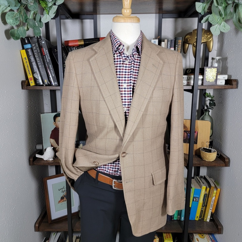 VTG Palm Beach Men's Sport Coat Blazer Two‎ Button Brown Herringbone Plaid 42R